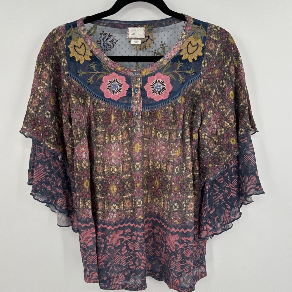 Postage Stamp Blouse Women XS Multicolor Sheer‎ Floral Embroidered Boho Top